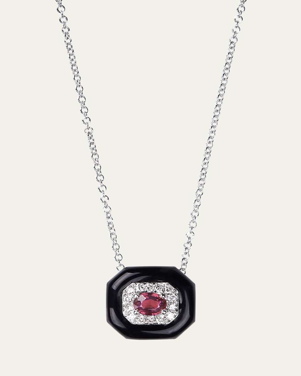 Oui 18K White Gold Ruby Pendant Necklace with White Diamonds and Black Enamel